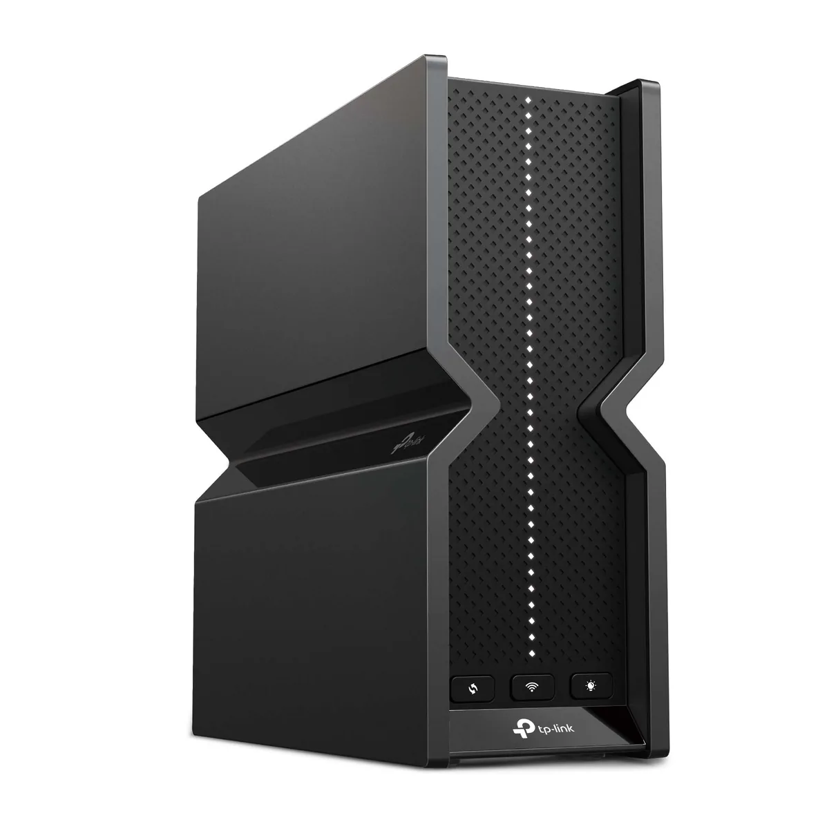 TP-Link Archer BE550: Wi-Fi 7 a pětkrát 2,5 Gb/s po kabelu za 5 199 Kč 3 TP-Link Archer BE550 — router zešikma zprava, hladký boční panel s logem tp-link