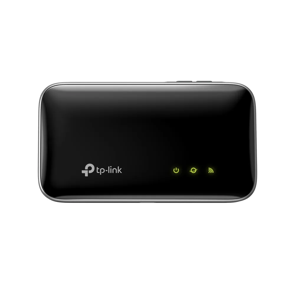 TP-Link M7400 TP-Link M7400 – černý router shora s logem a třemi zelenými kontrolkami