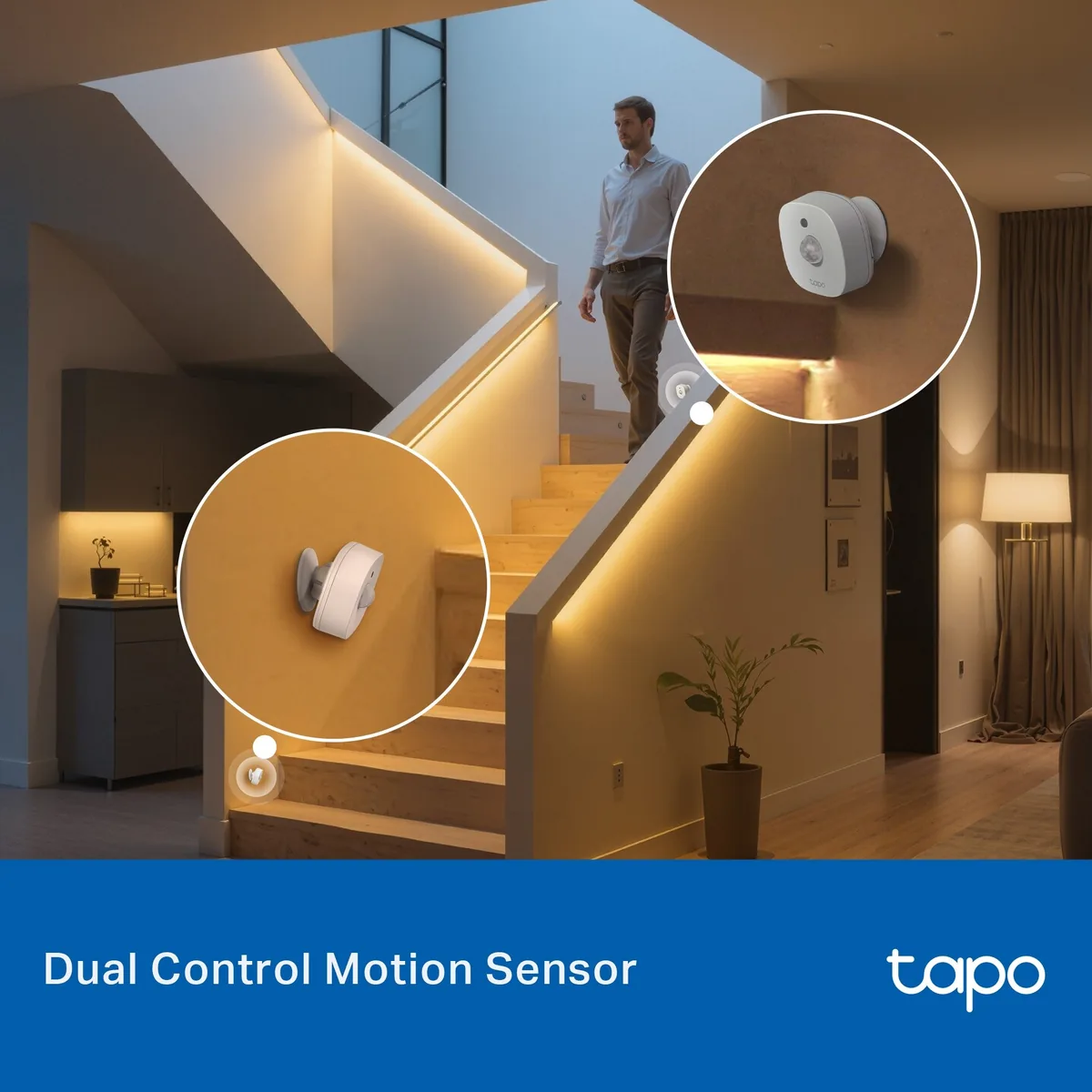 TP-Link Tapo L901-6: LED pásek se dvěma pohybovými senzory za 1 449 Kč 1 Osvětlené dřevěné schodiště s LED páskem Tapo L901-6 a dvěma pohybovými senzory na začátku a na konci schodů