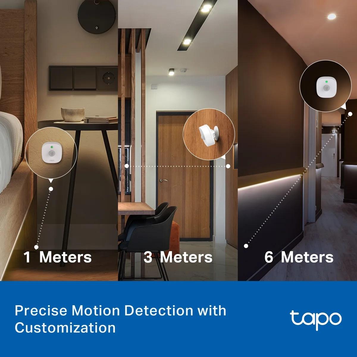 TP-Link Tapo L901-6: LED pásek se dvěma pohybovými senzory za 1 449 Kč 2 Tři scény ukazující dosah pohybového senzoru Tapo na 1, 3 a 6 metrů v ložnici, u dveří a na chodbě