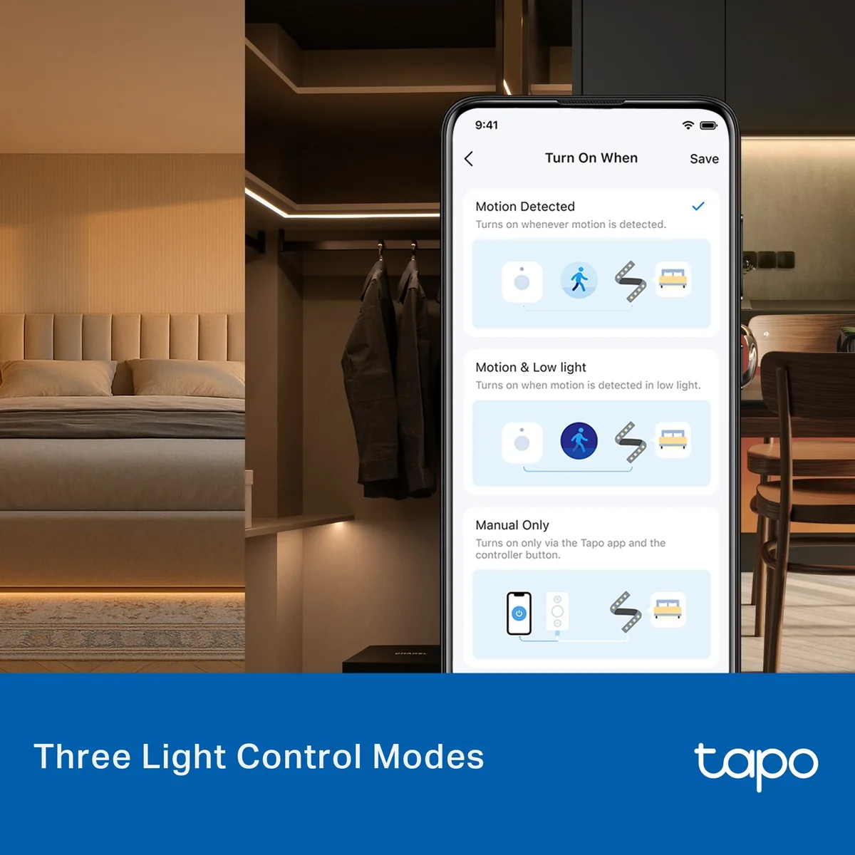 TP-Link Tapo L901-6: LED pásek se dvěma pohybovými senzory za 1 449 Kč 3 Ložnice a šatna nasvícené LED páskem, vedle telefon s aplikací Tapo a výběrem tří režimů rozsvícení