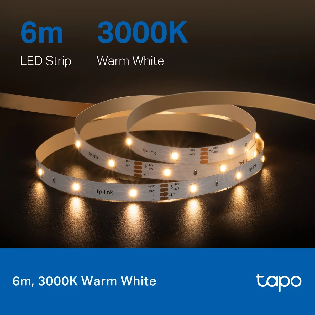TP-Link Tapo L901-6: LED pásek se dvěma pohybovými senzory za 1 449 Kč 4 Šestimetrový LED pásek Tapo L901-6 svinutý na tmavé desce, svítí teplou bílou o teplotě 3000 K