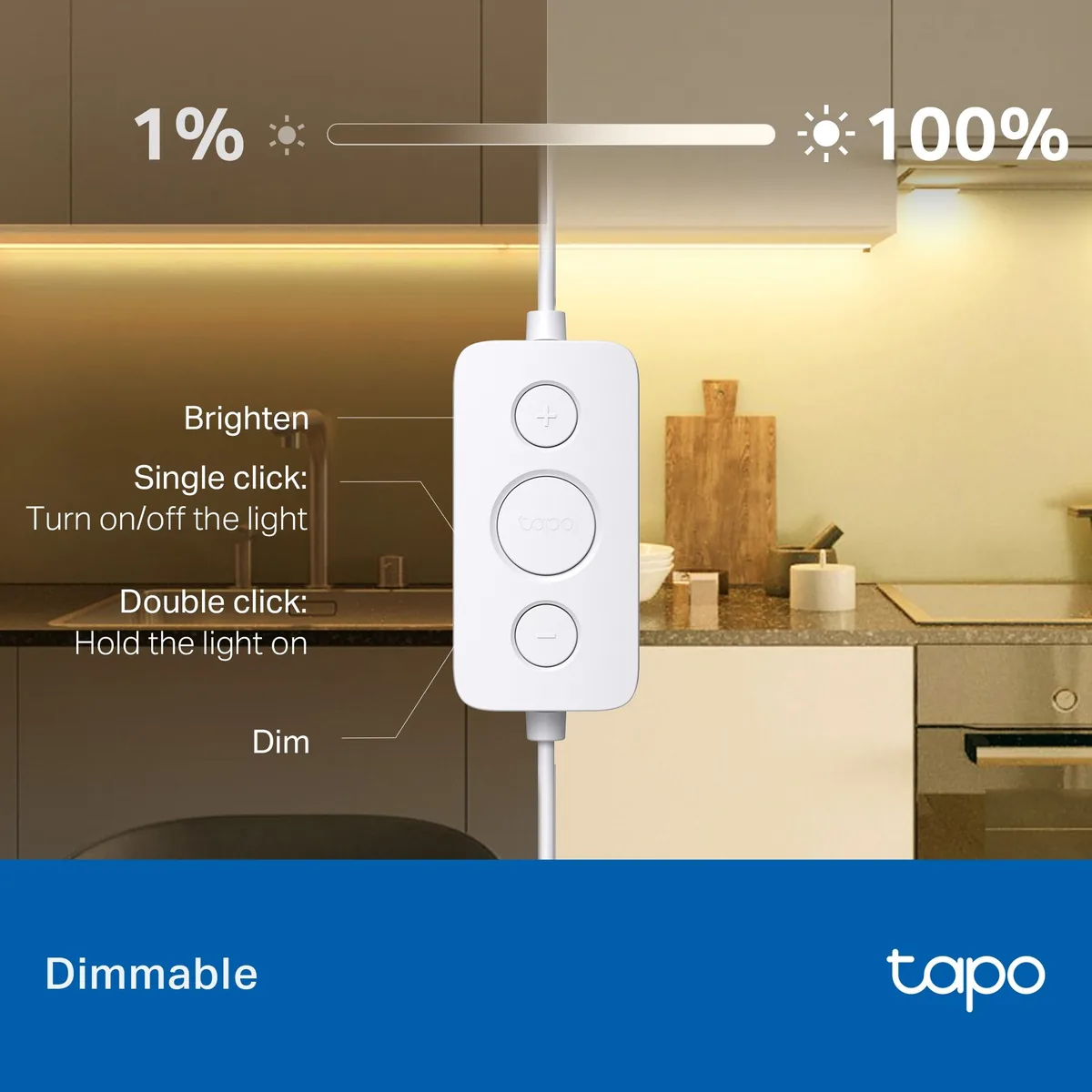 TP-Link Tapo L901-6: LED pásek se dvěma pohybovými senzory za 1 449 Kč 5 Bílý kabelový ovladač Tapo se třemi tlačítky pro zapnutí a stmívání pod nasvícenou kuchyňskou linkou