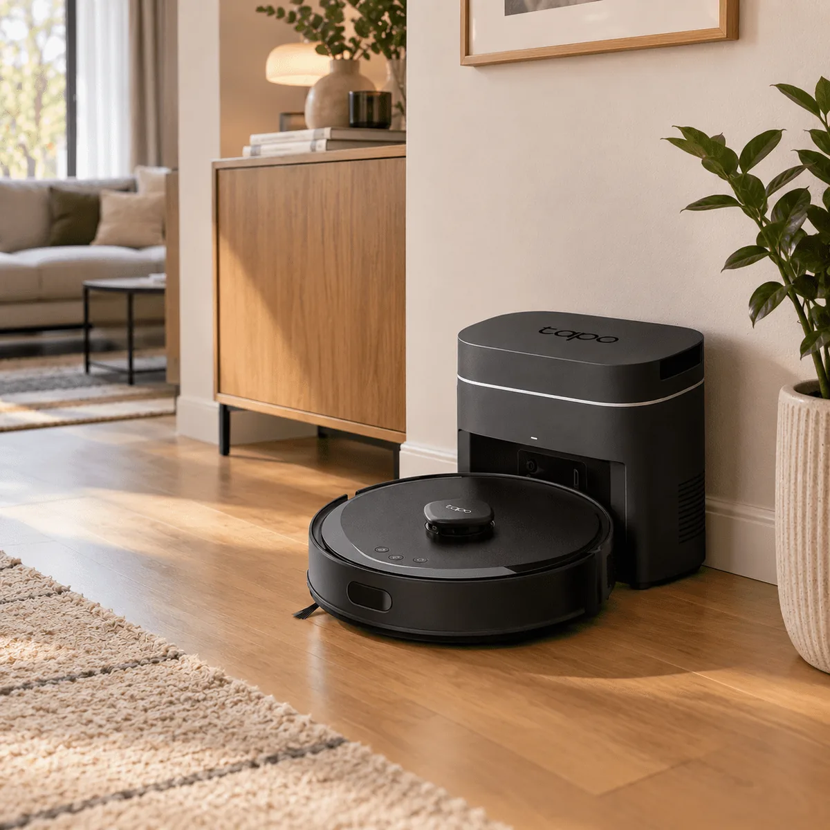Vysavač Tapo RV30 Max Plus Gen 2: dvaapůlkrát silnější sání a kartáč, který vlasy uvolní sám 1 TP-Link Tapo RV30 Max Plus Gen 2 – robotický vysavač stojí před dokovací stanicí u stěny obývacího pokoje s dřevěnou podlahou