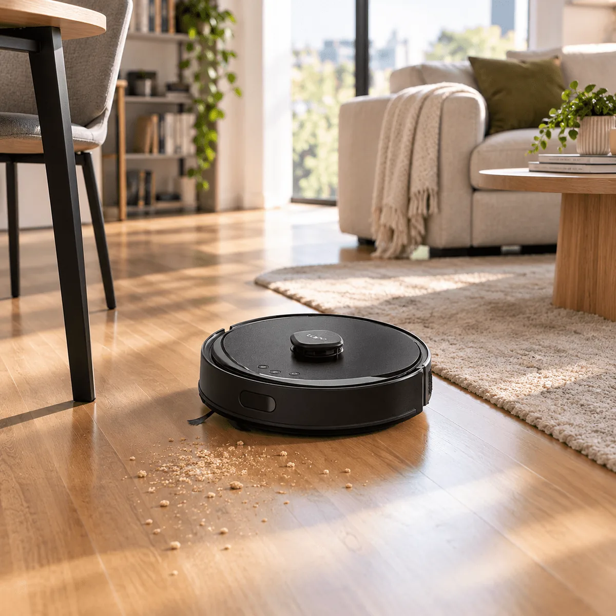 Vysavač Tapo RV30 Max Plus Gen 2: dvaapůlkrát silnější sání a kartáč, který vlasy uvolní sám 2 TP-Link Tapo RV30 Max Plus Gen 2 – robotický vysavač najíždí na rozsypané cereálie na dřevěné podlaze vedle koberce