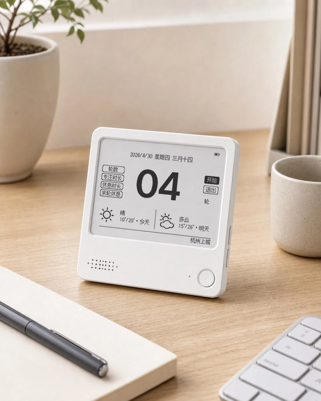 ZecTrix Note 4: e-ink nástěnka s hlasovým vstupem, kterou si přeprogramujete 1 ZecTrix Note 4 stojící na dřevěném stole vedle hrnku, notesu a klávesnice, displej ukazuje časovač soustředěné práce s datem a předpovědí počasí