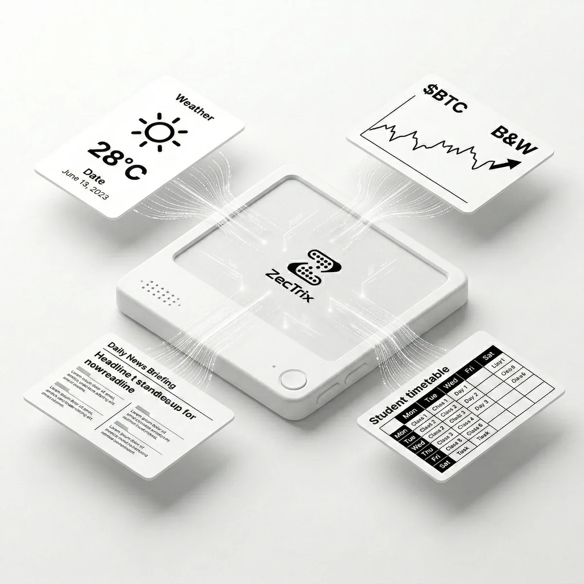 ZecTrix Note 4: e-ink nástěnka s hlasovým vstupem, kterou si přeprogramujete 2 ZecTrix Note 4 ležící zády vzhůru s logem, kolem něj čtyři ukázky obrazovek: počasí, graf kurzu, zpravodajský přehled a rozvrh hodin