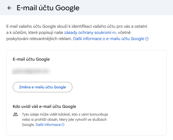 E-mail účtu Google E-mail účtu Google – stránka nastavení s rozmazanou adresou a tlačítkem Změna e-mailu účtu Google