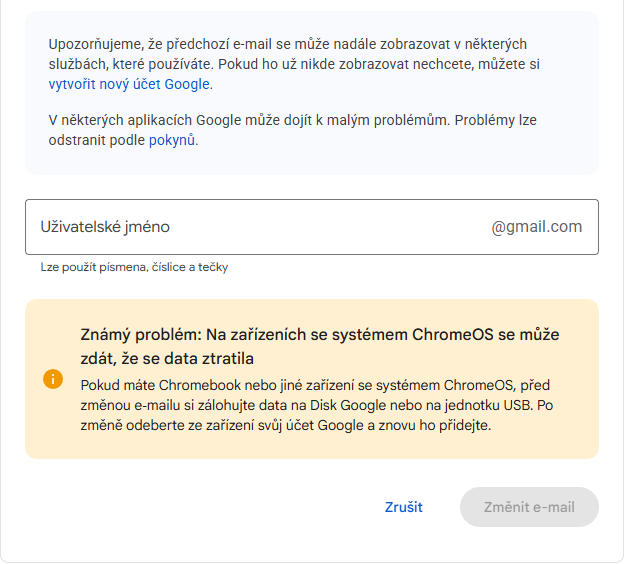 E-mail účtu Google E-mail účtu Google – pole pro nové uživatelské jméno a upozornění pro Chromebooky
